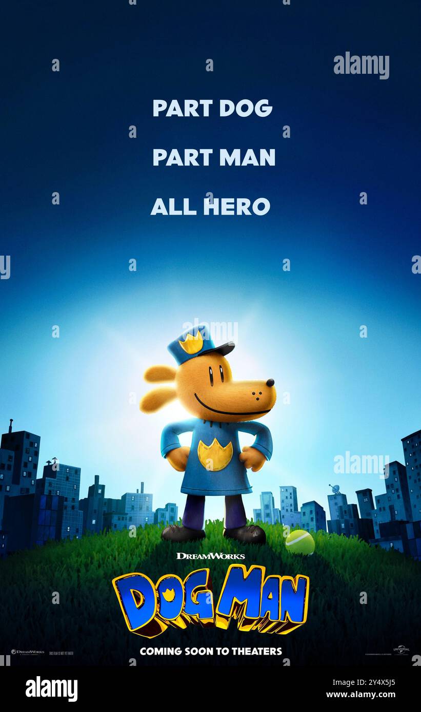 Dog Man (2025) diretto da Peter Hastings e interpretato da Isla Fisher, Stephen Root e Ricky Gervais. Dog Man, metà cane e metà uomo, giura di proteggere e servire mentre insegue con coraggio il supercriminale felino Petey the Cat. Poster US Advance ***SOLO PER USO EDITORIALE***. Crediti: BFA / Universal Pictures Foto Stock