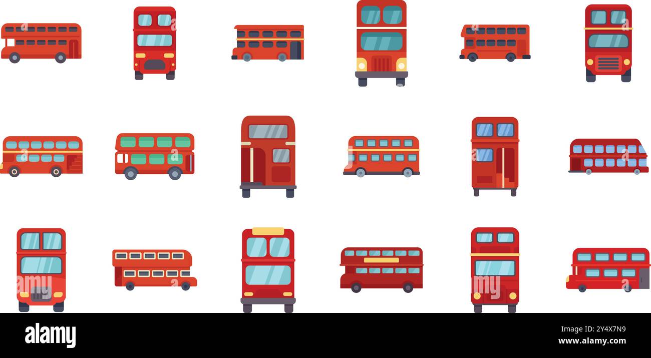 Serie di autobus rossi a due piani di londra che mostrano lati e angoli diversi, icone dei trasporti pubblici della città in stile piatto Illustrazione Vettoriale