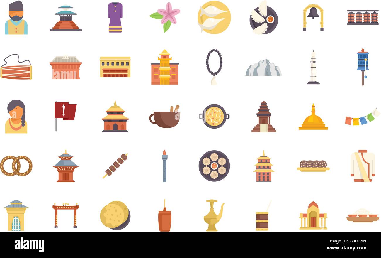 Questa collezione di icone presenta simboli e oggetti tradizionali legati al nepal, mostrando la sua ricca cultura e invitante esplorazione Illustrazione Vettoriale