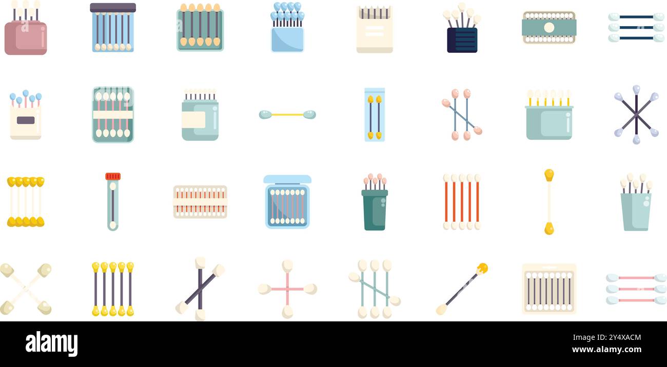 Bastoncini di cotone per le icone della collezione di prodotti igienici per la pulizia delle orecchie, in stile piatto su sfondo bianco Illustrazione Vettoriale
