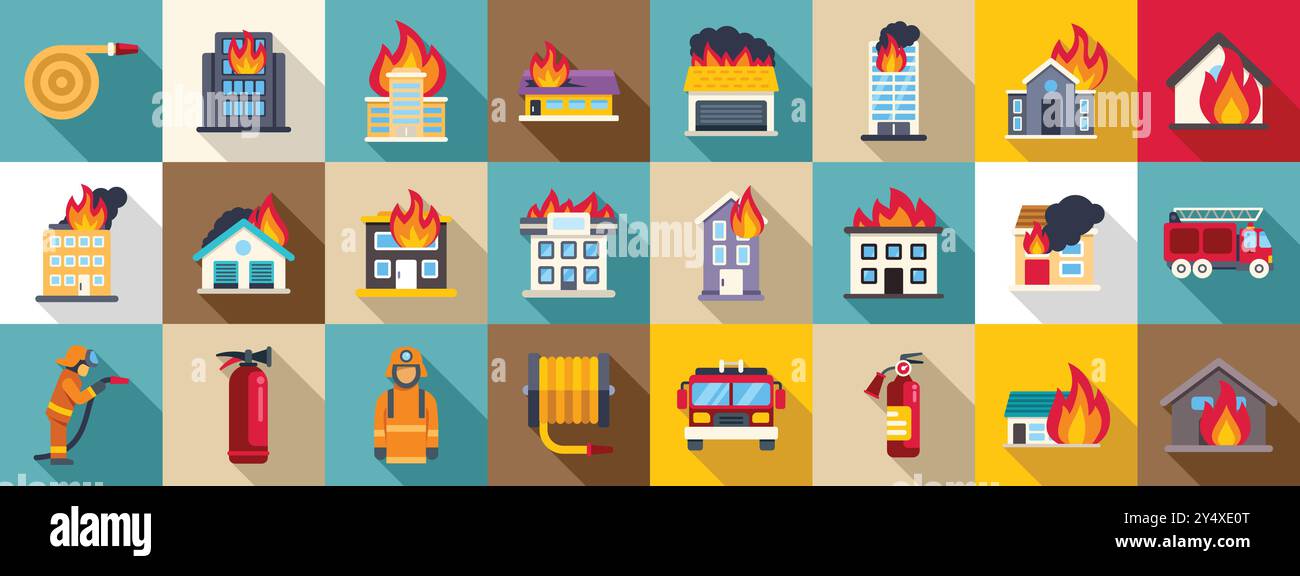 Set di icone di edifici in fiamme. Set di icone antincendio in edilizia, stile piatto, con vigili del fuoco, autopompe, estintore, idrante e diversi tipi di case in fiamme Illustrazione Vettoriale