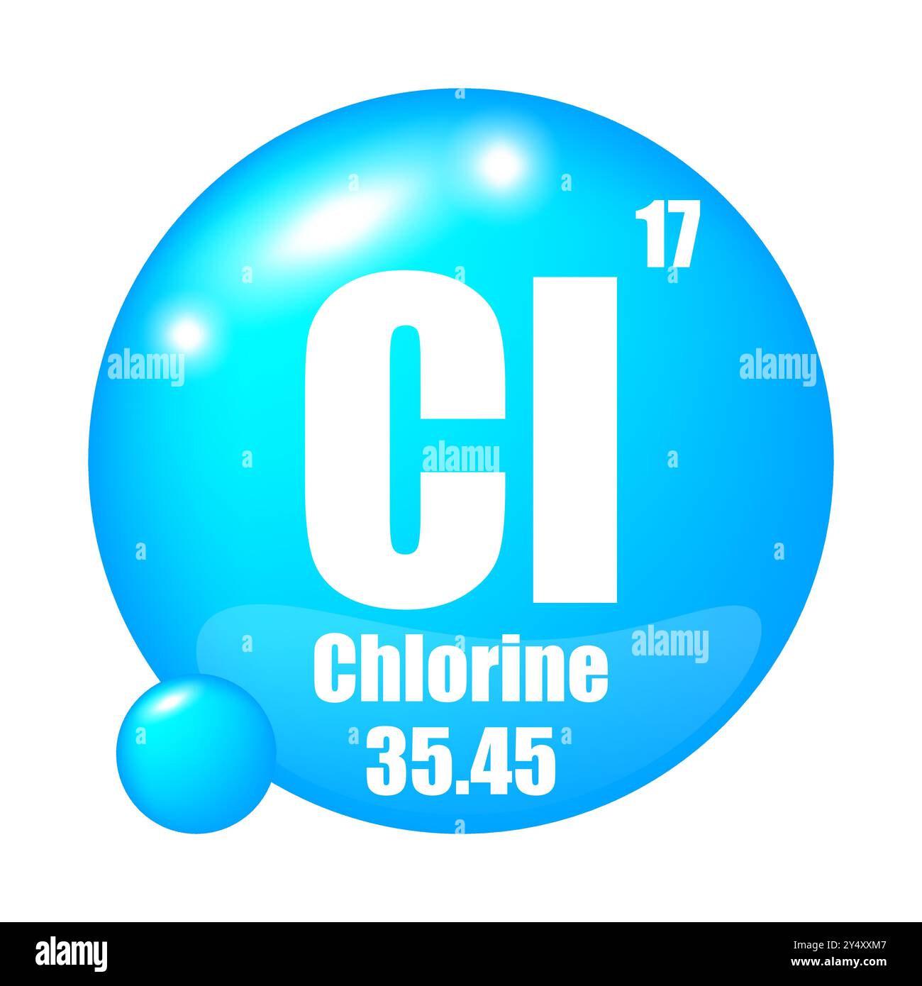 Icona cloro. Elemento chimico CL. Numero atomico 17. Massa 35.45. Immagine sfera blu. Simbolo vettoriale. Illustrazione Vettoriale