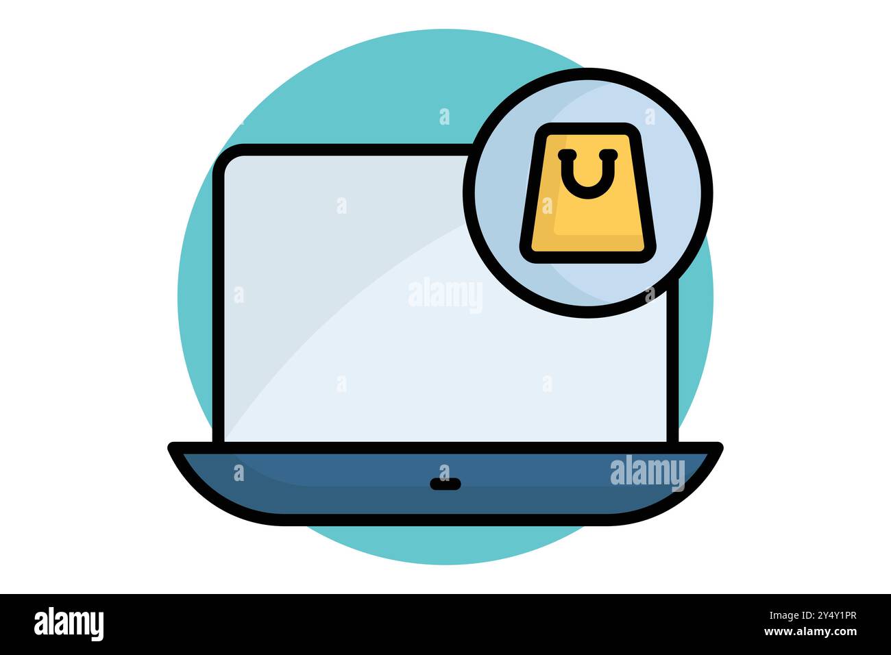 Icona del contorno colorato per lo shopping online. notebook con borsa della spesa. icona relativa alla fattura e al pagamento. illustrazione vettoriale degli elementi aziendali Illustrazione Vettoriale