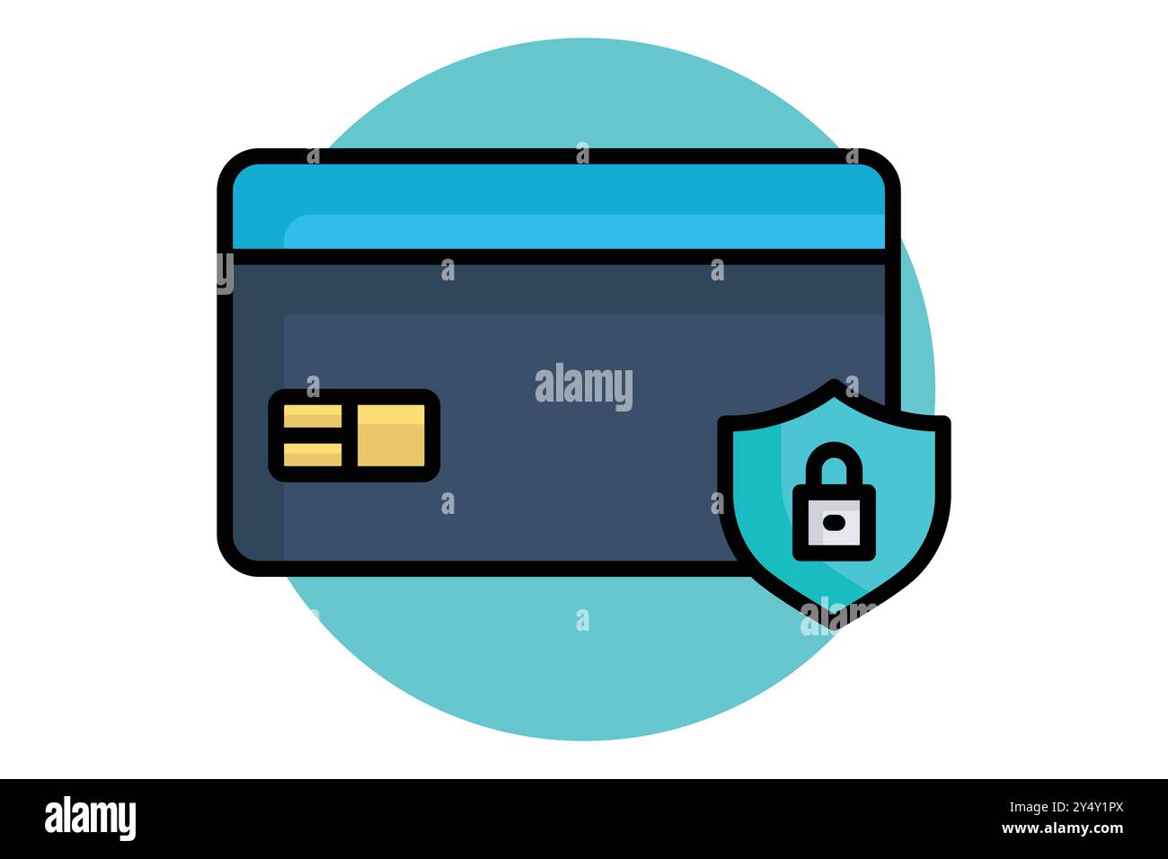 Icona contorno colorato pagamento sicuro. carta di credito con scudo. icona relativa alla fattura e al pagamento. illustrazione vettoriale degli elementi aziendali Illustrazione Vettoriale