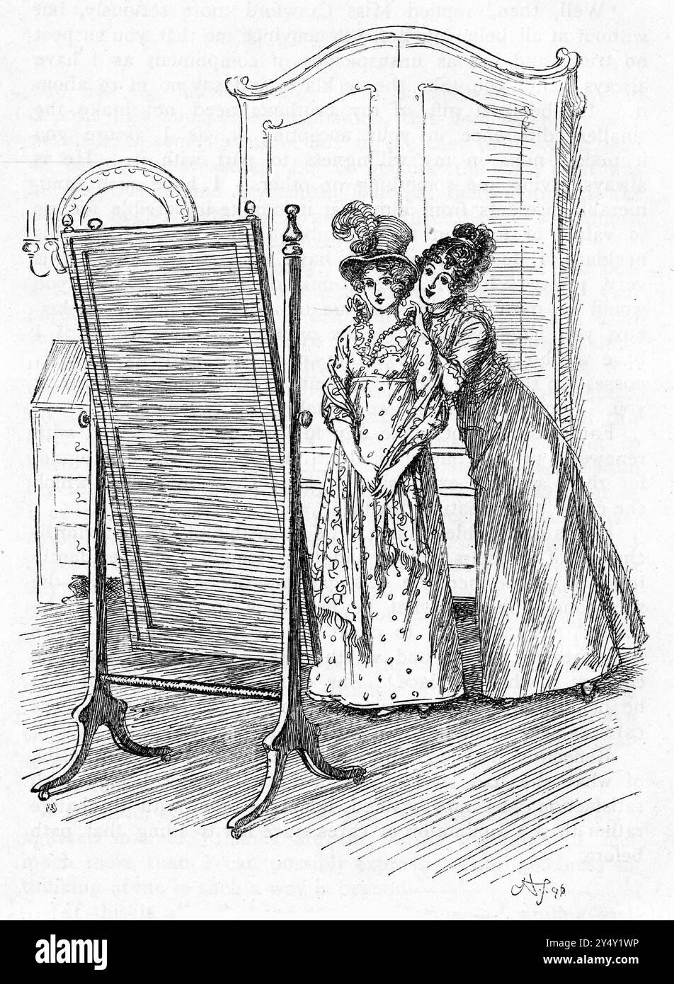 Incisione di due giovani donne inglesi vestite con abiti della fine del XVIII secolo ammirando il nuovo look in uno specchio a figura intera Foto Stock