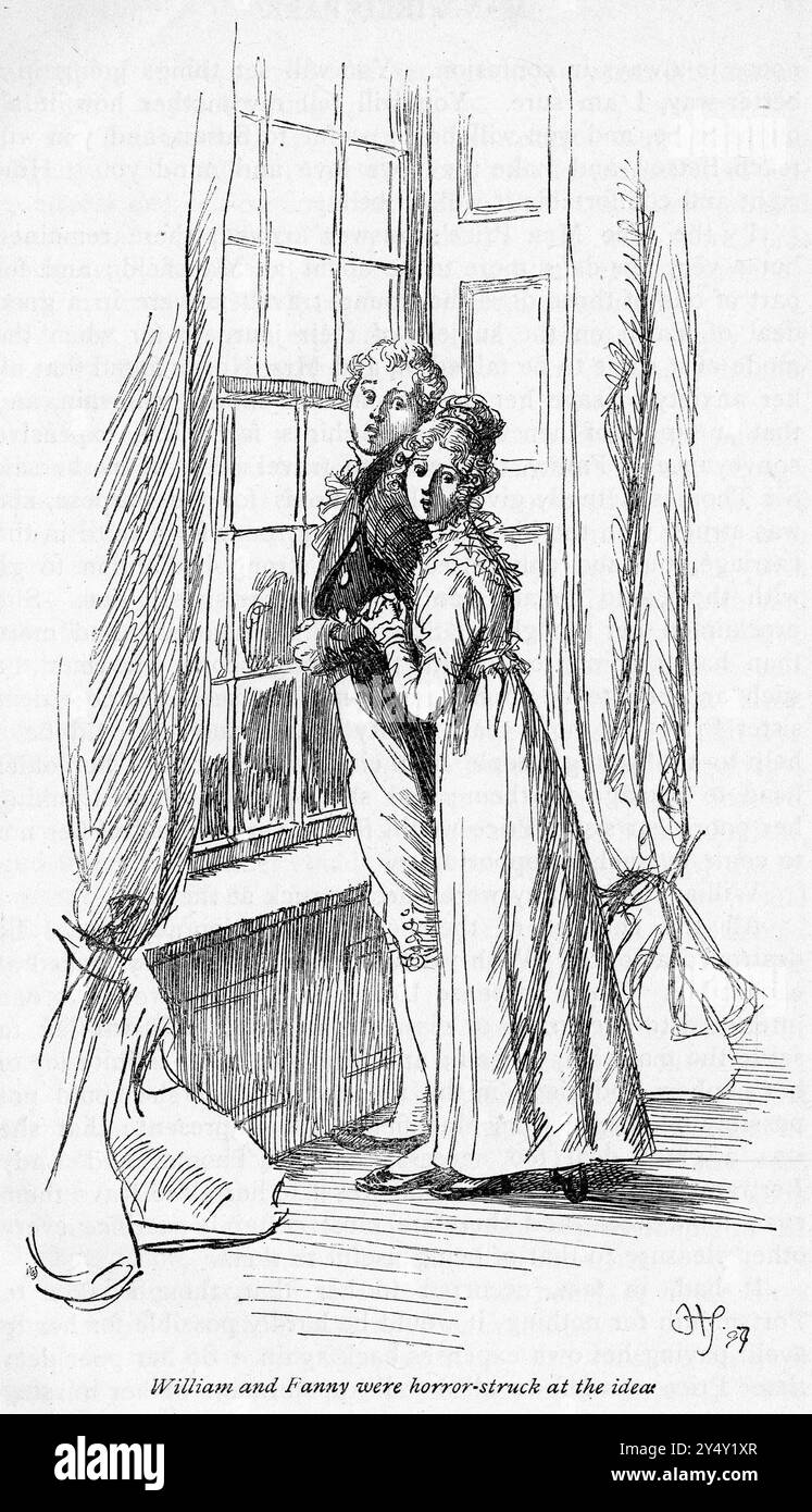 Incisione di una scena dal libro Mansfield Park di Jane Austen, edizione 1926, illustrata da Hugh Thomson, quando William e Fanny furono colpiti dall'orrore Foto Stock