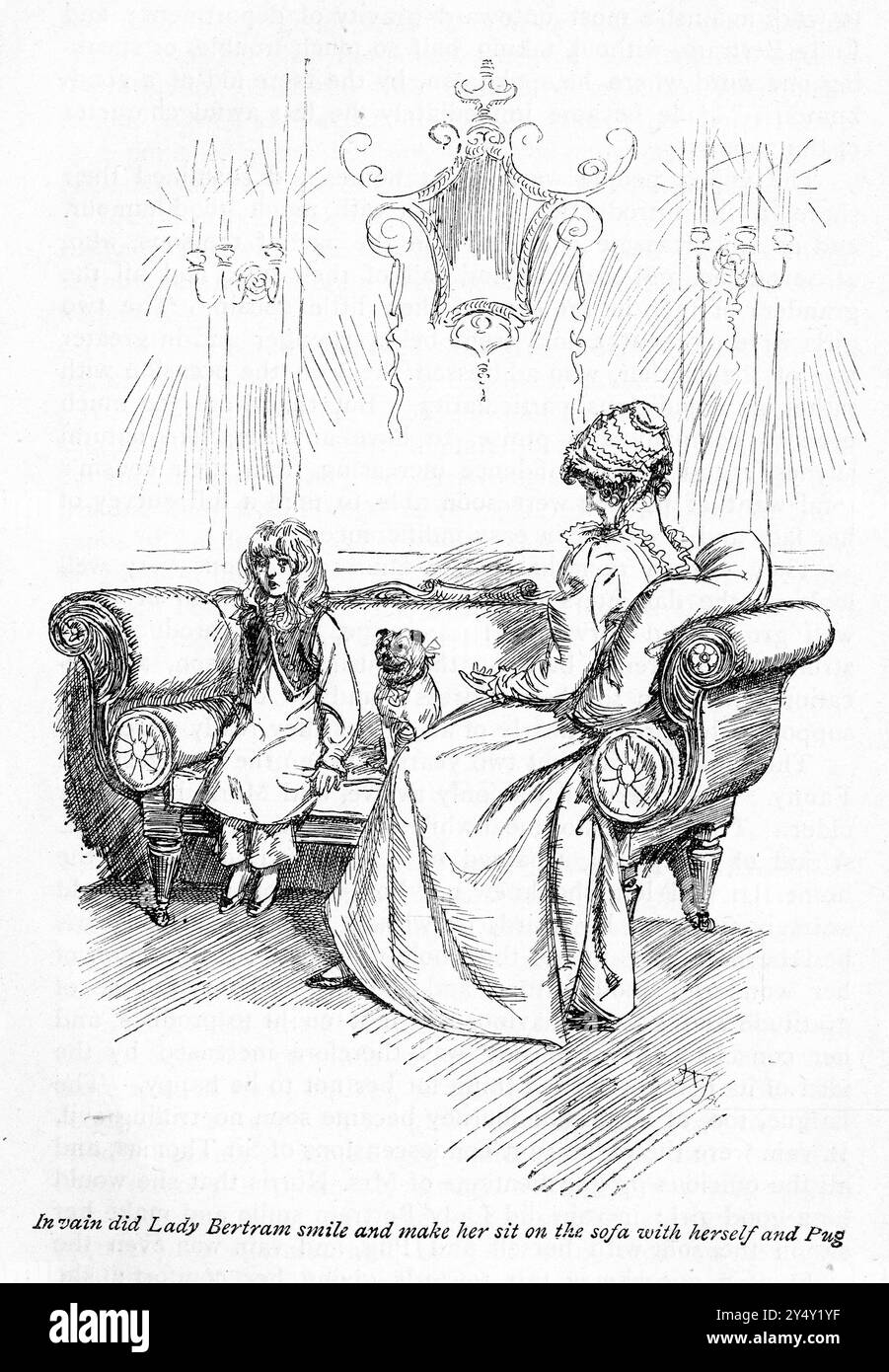 Incisione di una scena dal libro Mansfield Park di Jane Austen, edizione 1926, illustrata da Hugh Thomson, che mostra Fanny Price venire a vivere con i suoi parenti Foto Stock