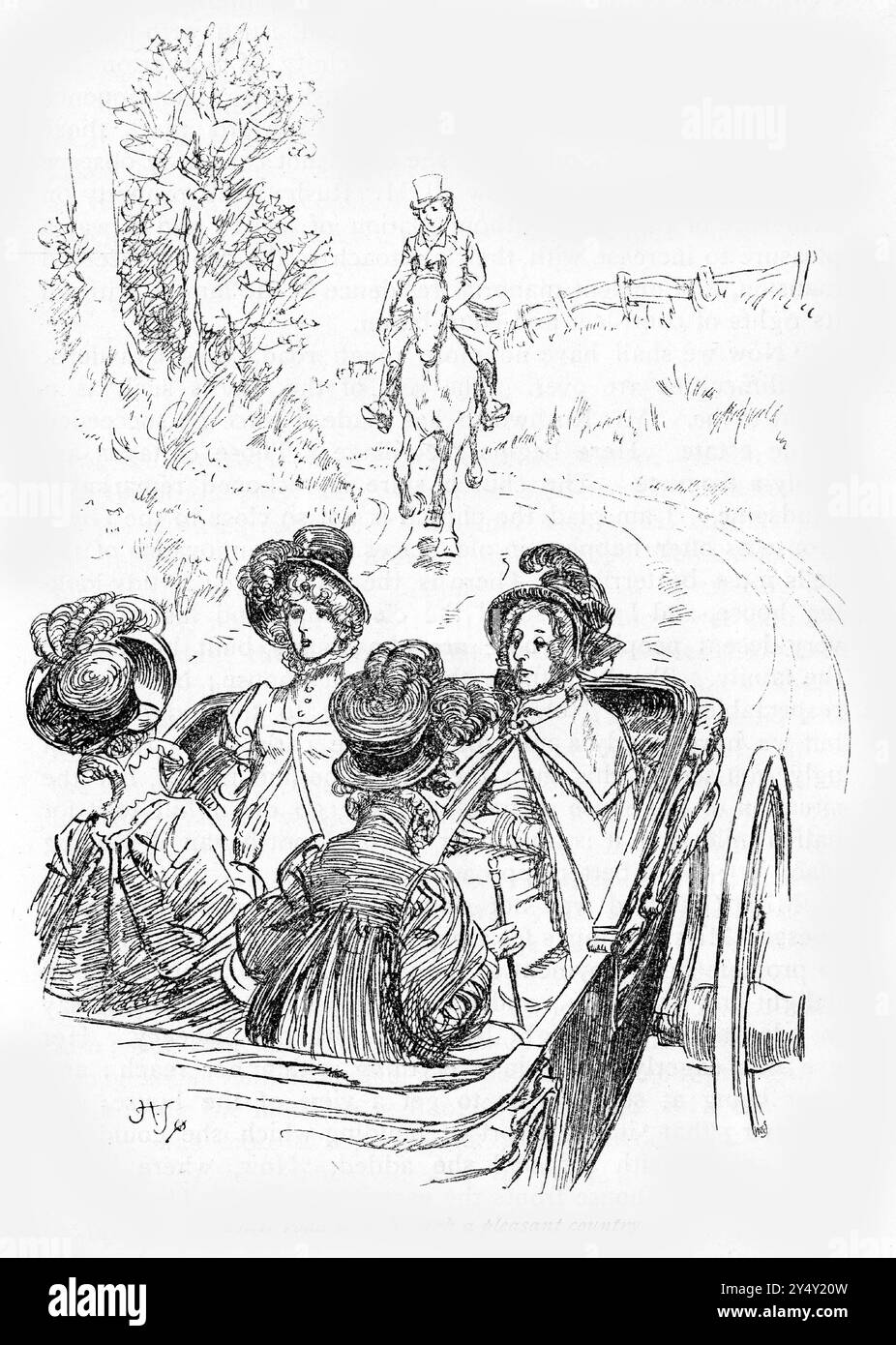 Incisione di quattro donne in carrozza aperta su una strada attraverso la campagna inglese, pubblicata nel 1926 Foto Stock