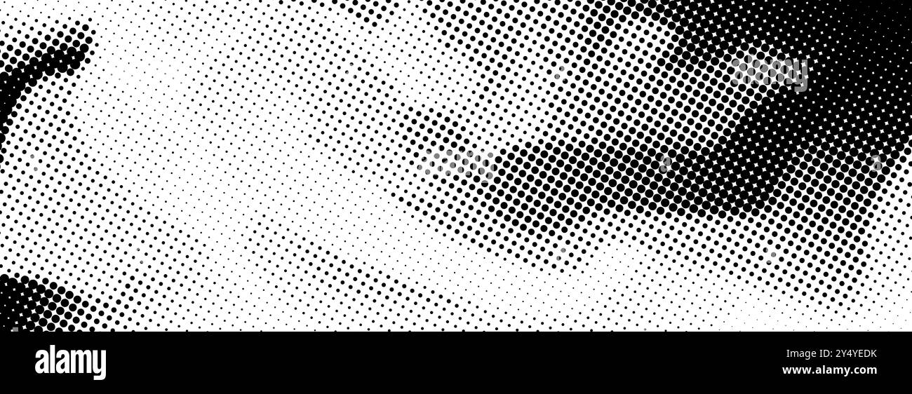 Trama dei mezzitoni sgranata punteggiata distorta. Sfondo bitmap con grana pixel nera. Motivo gradiente ondulato e grunge in rilievo. Sfondo con rumore di grana raster retrò. Sfondo astratto vettoriale per sovrapporre fumetti Illustrazione Vettoriale