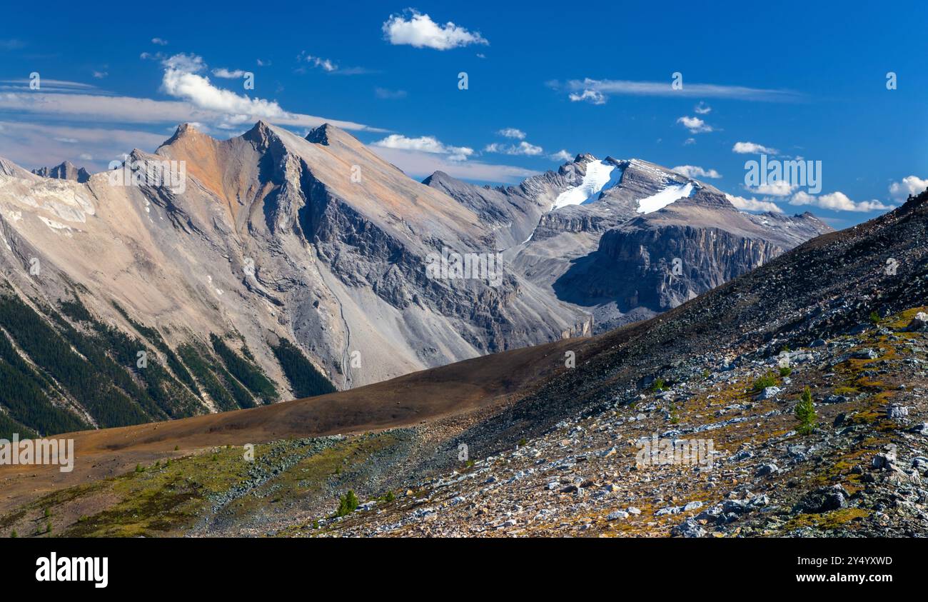 Sawback Mountain Range, paesaggio panoramico delle Montagne Rocciose innevate. Escursione estiva al Parco nazionale di Banff, skyline blu delle Montagne Rocciose canadesi Foto Stock