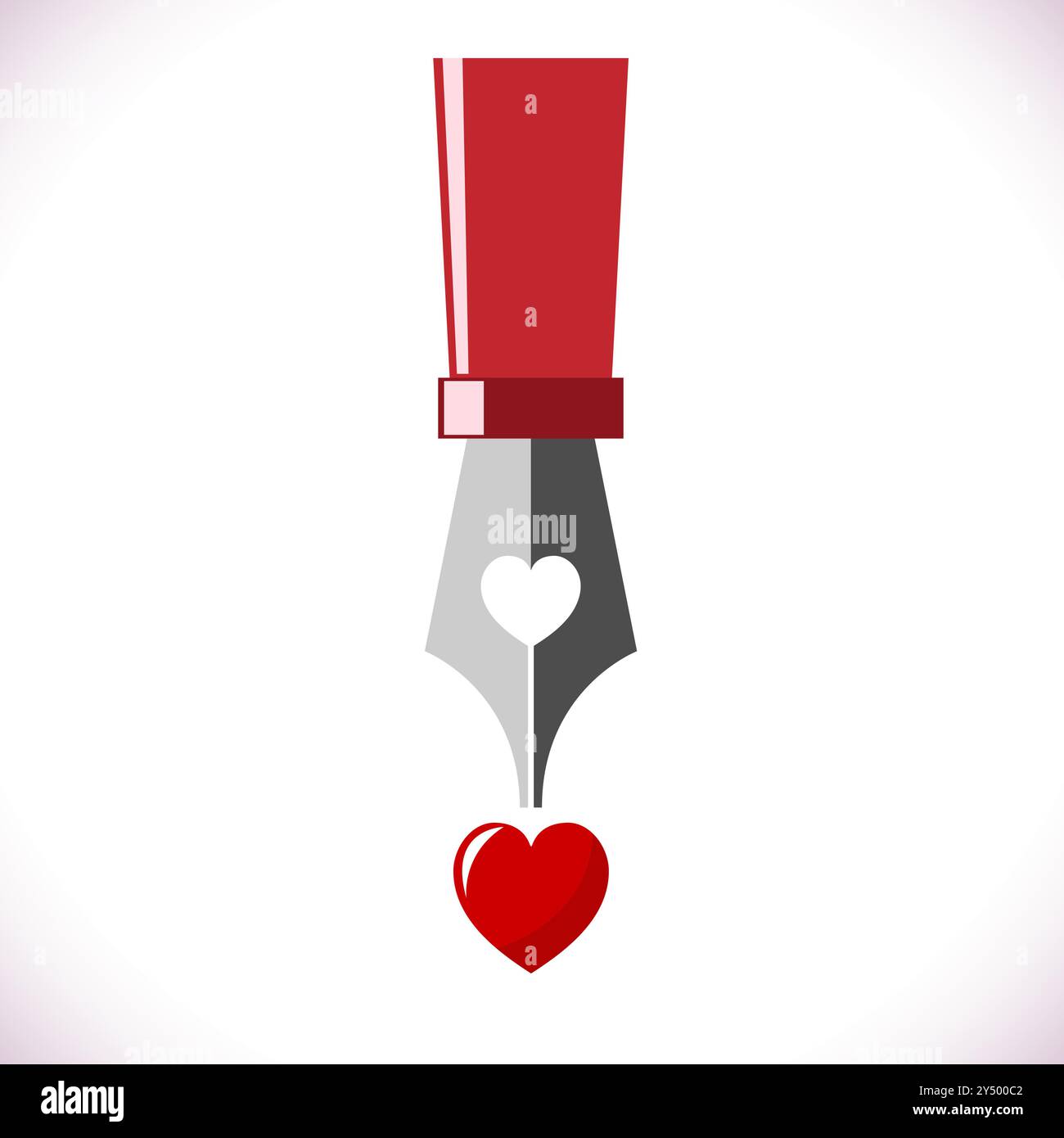 Penna stilografica che spruzza una goccia di inchiostro rosso, a forma di cuore. Scrittore romantico per storie d'amore o messaggi di San Valentino. Illustrazione vettoriale Illustrazione Vettoriale