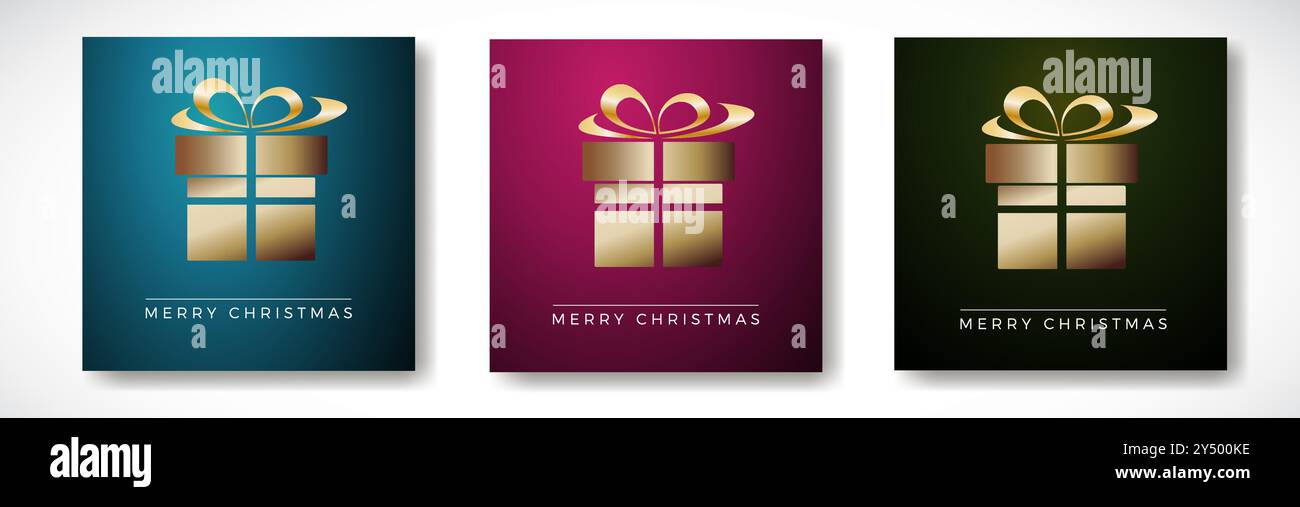 Icona del regalo di natale dorato su sfondi moderni colorati, perfetta per le carte di natale. Modello vettoriale in tre colori Illustrazione Vettoriale