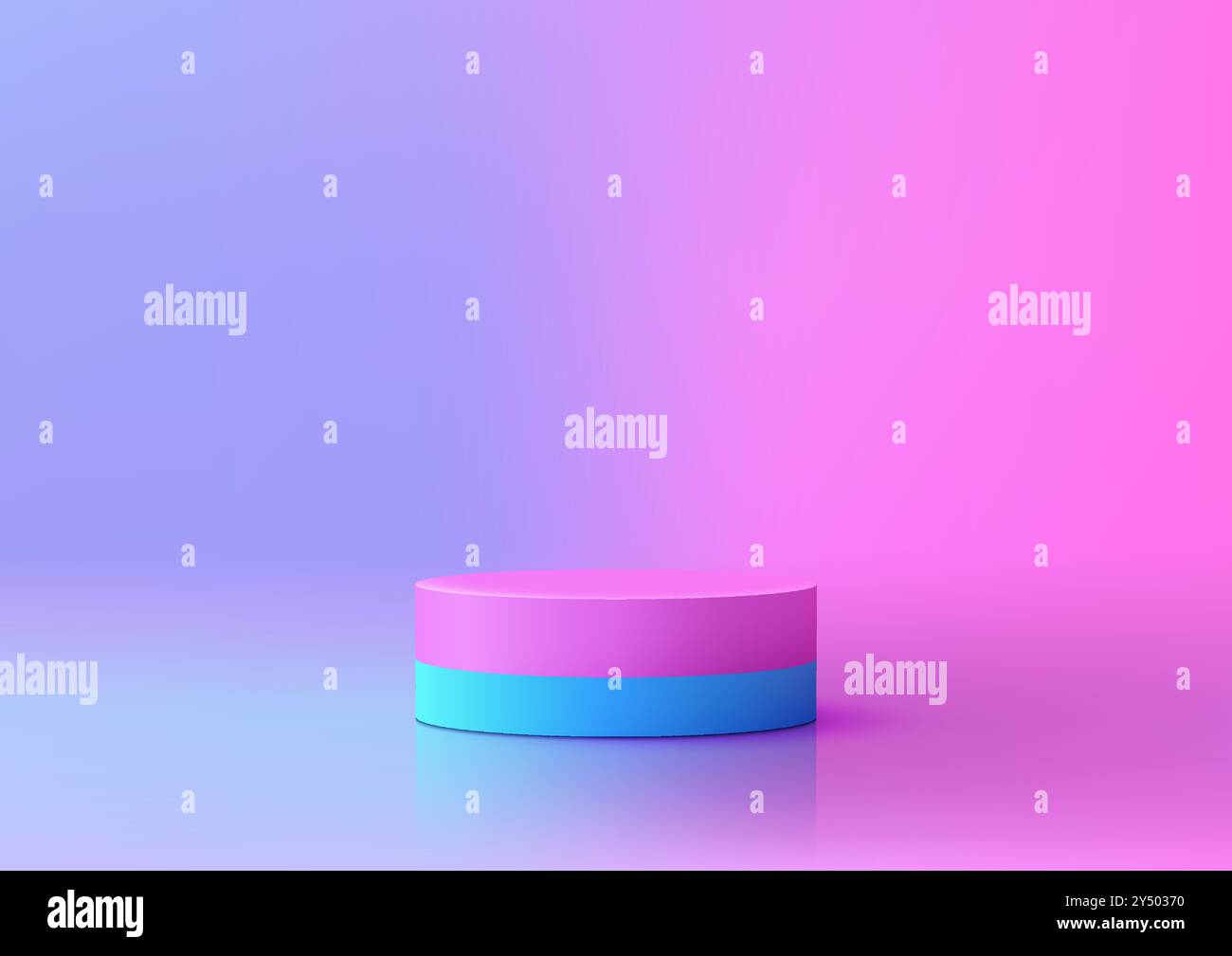 Podio cilindrico 3D con sfumatura rosa e blu su superficie riflettente per l'esposizione di prodotti moderni, il mockup e la vetrina per showroom Illustrazione Vettoriale