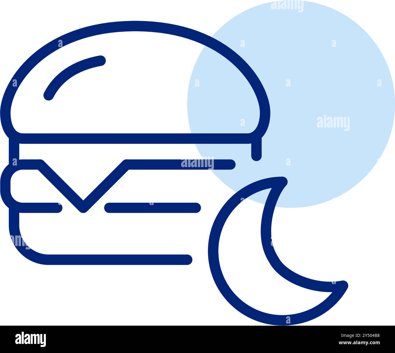 Cheeseburger e luna. Fast food, spuntini serali. Voglie notturne, consegna del cibo 24 ore su 24. Pixel Perfect, icona del vettore di traccia modificabile Illustrazione Vettoriale