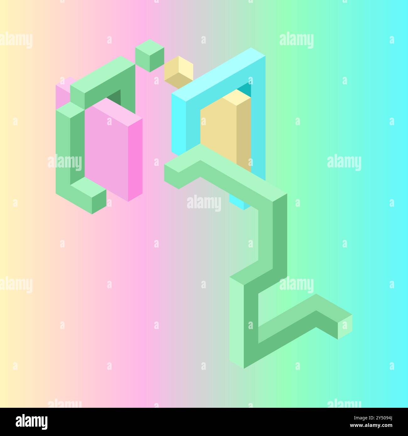 Forme isometriche astratte in colori vivaci su sfondo sfumato e color pastello, ideali per progetti di design moderni, grafica Web e arte digitale. Illustrazione Vettoriale