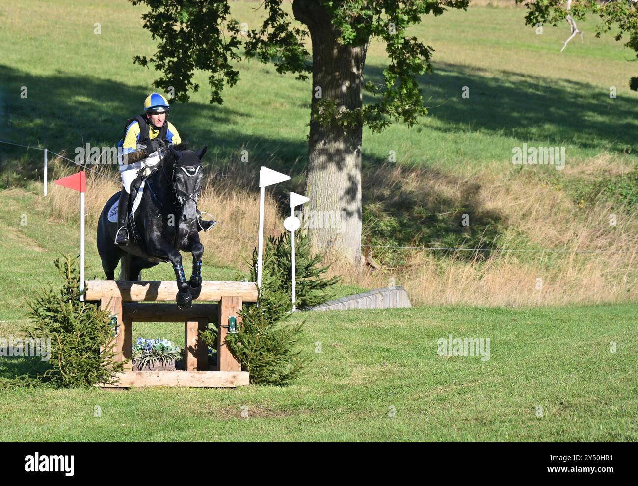 Tyler Cassells sul giudizio CBI, fase cross country del concorso CCI-S YH2* (6 anni), Cornbury House Horse Trials 2024, Charlbury, Oxfordshire Foto Stock