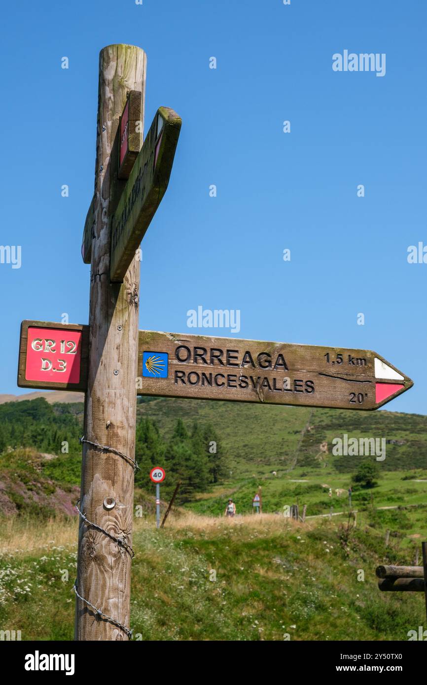 Camino de Santiago, cartello col de Ibaneta per Roncesvalles, Navarra, Spagna Foto Stock