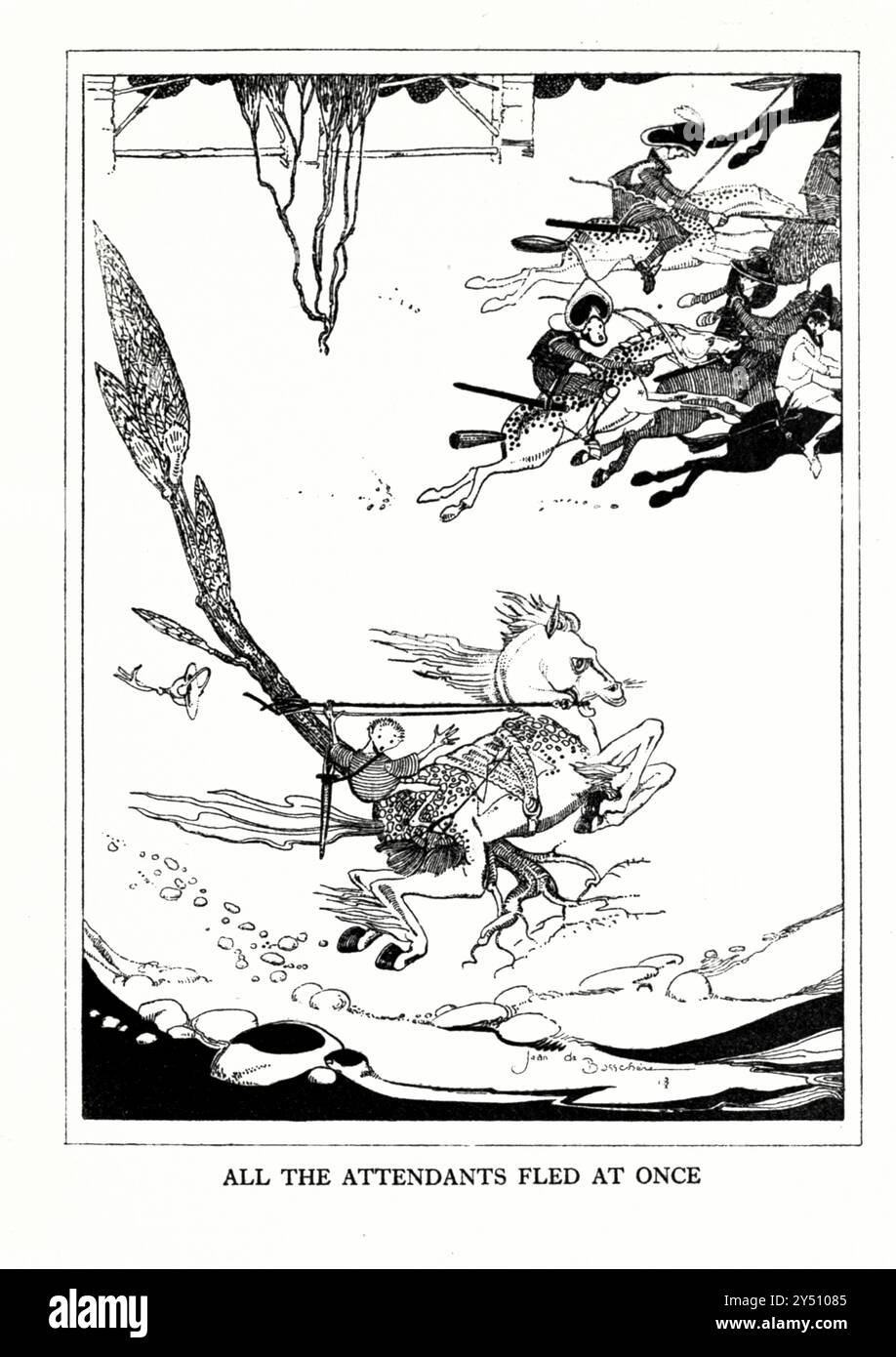 TUTTI GLI ASSISTENTI FUGGIRONO SUBITO da SPONSKEN E DAI GIGANTI racconti popolari delle Fiandre illustrati da Jean de Bosschère (Uccle, 5 luglio 1878 – Châteauroux, 17 gennaio 1953) è stato uno scrittore e pittore belga pubblicato nel 1919 da Dodd, Mead & Company Foto Stock