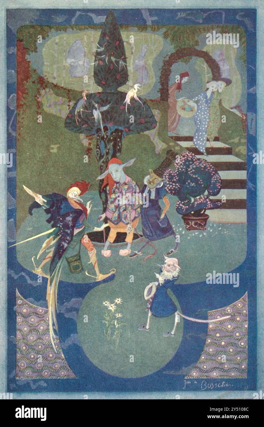 COS'ALTRO POSSO FARE? CHIESTO A CHANTICLEER DAI CORISTI DI ST. GUDULE Folk Tales of Flanders Illustrated by Jean de Bosschère (Uccle, 5 luglio 1878 – Châteauroux, 17 gennaio 1953) è stato uno scrittore e pittore belga pubblicato nel 1919 da Dodd, Mead & Company Foto Stock