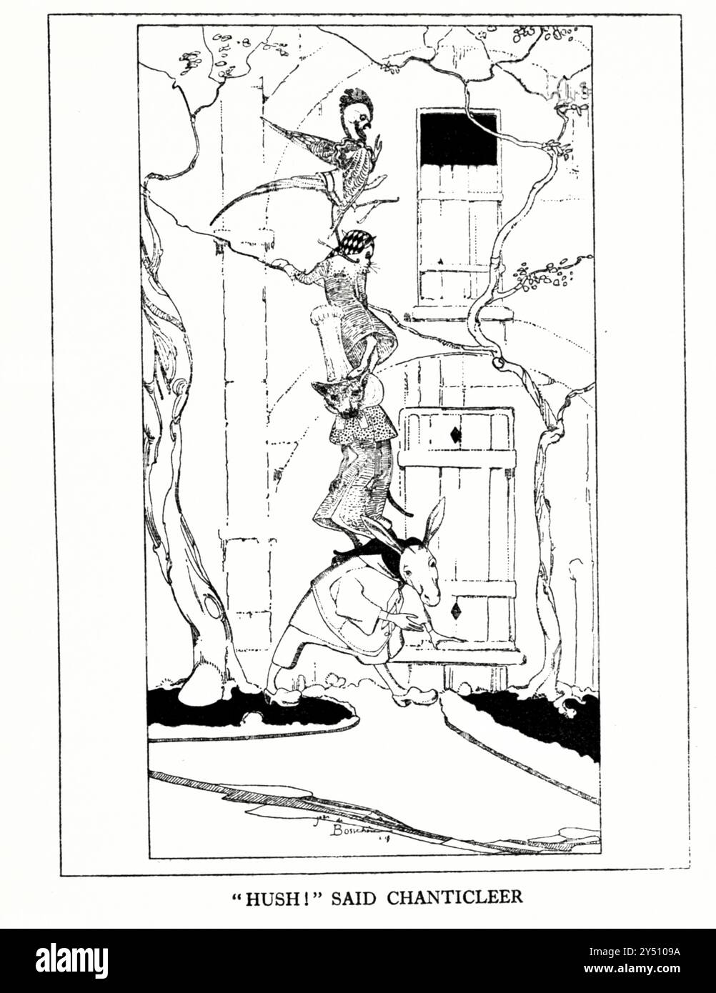 HUSH! HA DETTO CHANTICLEER DAI CORISTI DI ST. GUDULE Folk Tales of Flanders Illustrated by Jean de Bosschère (Uccle, 5 luglio 1878 – Châteauroux, 17 gennaio 1953) è stato uno scrittore e pittore belga pubblicato nel 1919 da Dodd, Mead & Company Foto Stock