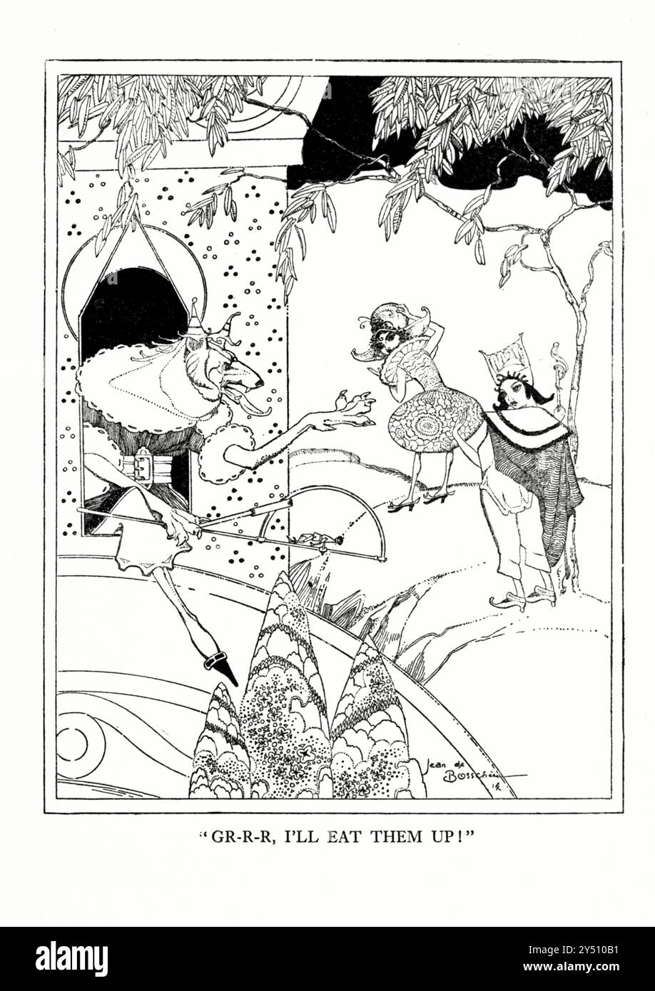 Da SUGAR-CANDY HOUSE Folk Tales of Flanders Illustrated by Jean de Bosschère (Uccle, 5 luglio 1878 – Châteauroux, 17 gennaio 1953) è stato uno scrittore e pittore belga pubblicato nel 1919 da Dodd, Mead & Company Foto Stock