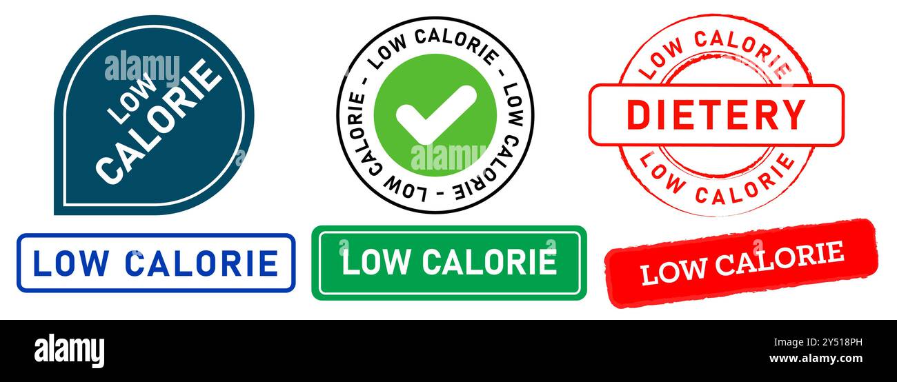 Prodotti alimentari a basso contenuto calorico timbro per il conteggio delle calorie distintivi colorati adesivi adesivi emblema collezione di set di design Illustrazione Vettoriale
