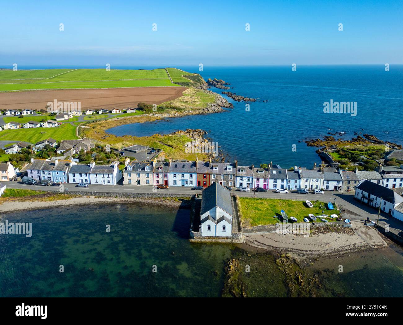 Vista aerea dal drone dell'Isola di Whithorn all'interno del nuovo Parco Nazionale Galloway, Dumfries e Galloway, Scozia, Regno Unito Foto Stock