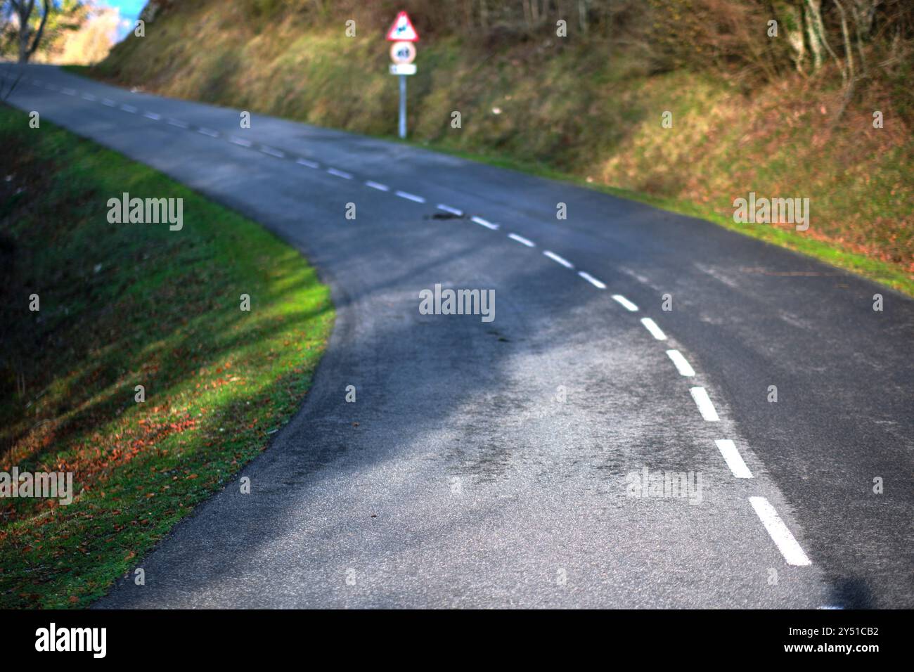 Una strada rurale curva con un cartello stradale, circondata da pendii erbosi e fogliame autunnale. Vitoriano, Araba, Paesi Baschi, Spagna. Foto Stock