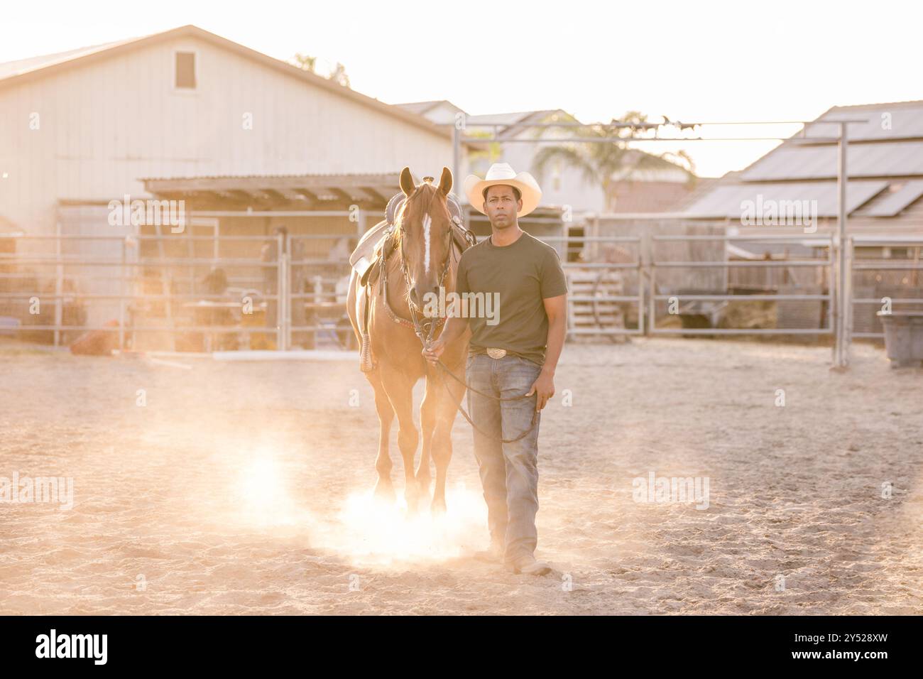 Uomo che cammina con il cavallo e calci la polvere Foto Stock