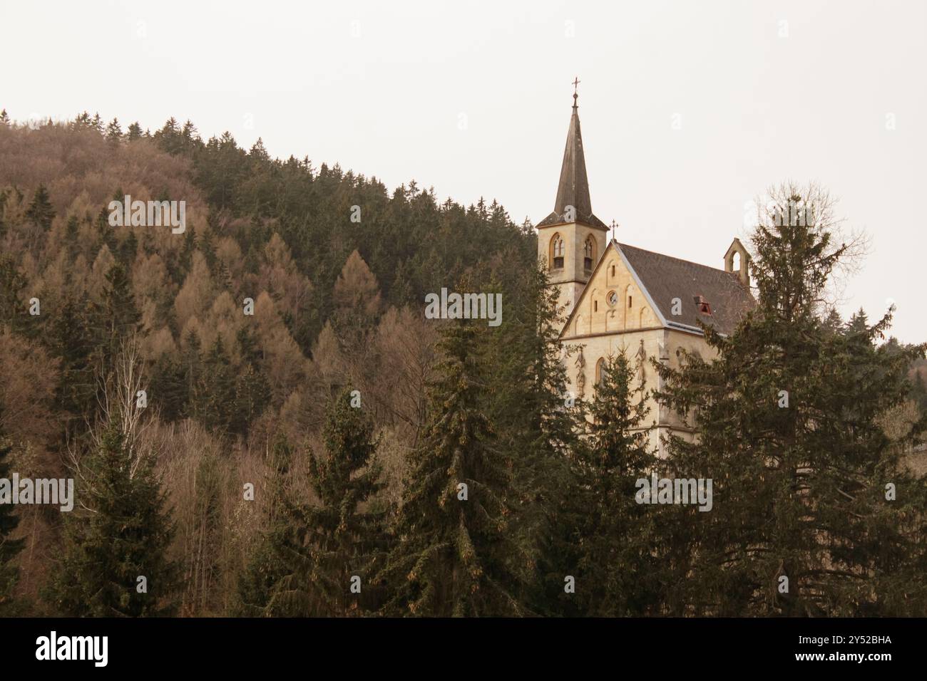 Vecchio edificio di chiesa in piedi su una collina nel mezzo di una foresta Foto Stock