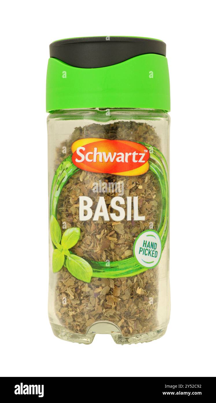 Foglie di basilico essiccate raccolte a mano Schwartz in un vaso di vetro da 10 g. Foto Stock