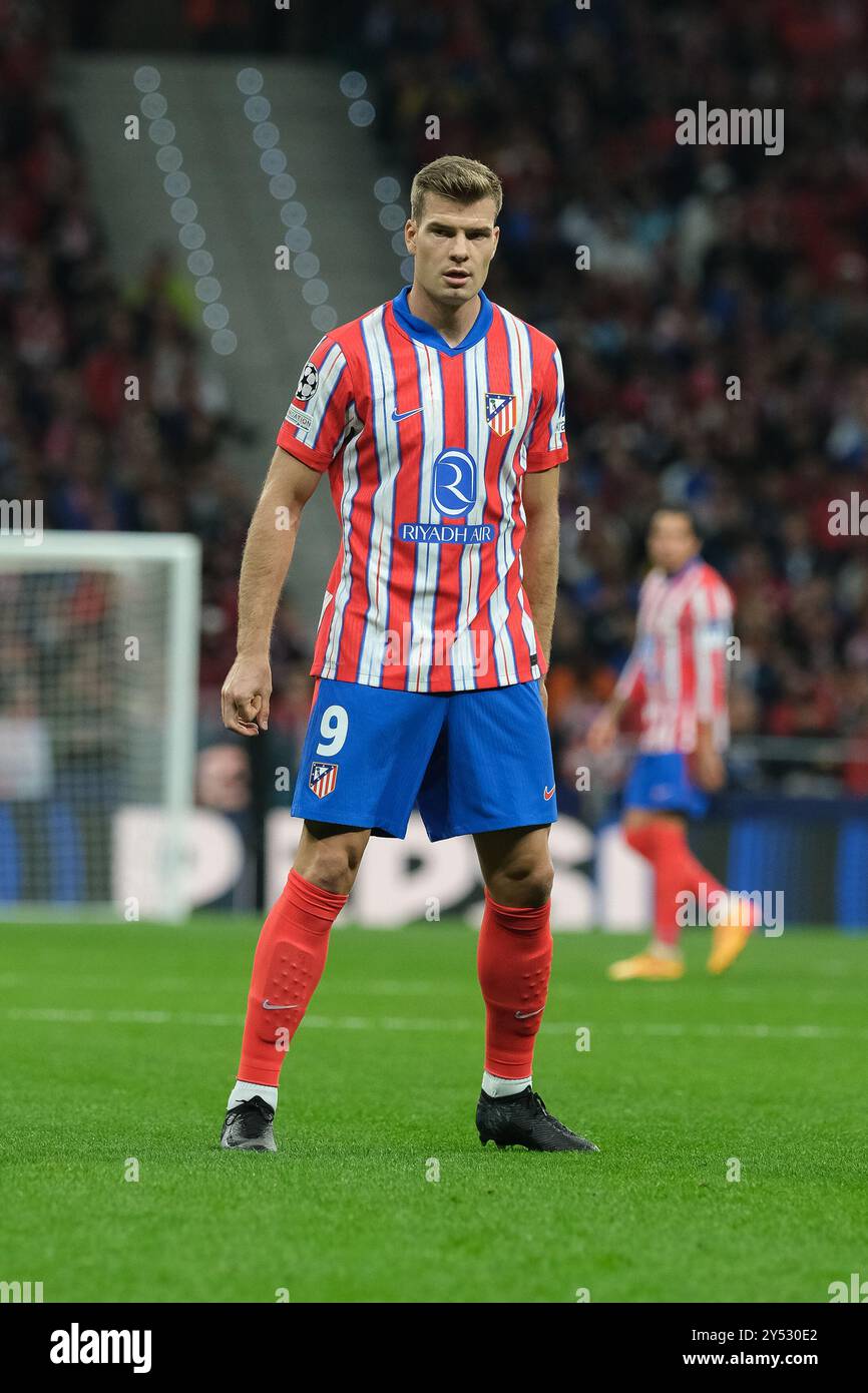 Alexander Sorloth dell'Atletico de Madrid durante la fase MD1 della UEFA Champions League a Madrid e RB Leipzig all'Estadio Metropolitano a settembre Foto Stock