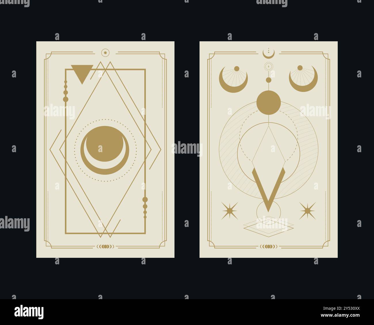 Carte magiche di tarocchi con forme geometriche, stelle e mezzaluna. Mistero, astrologia, alchimia. Illustrazione vettoriale Illustrazione Vettoriale