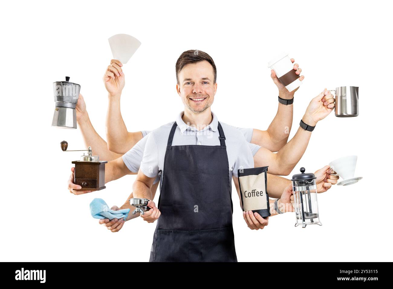Barista con bracci multipli che mostrano diverse attrezzature per la preparazione del caffè isolate sul bianco Foto Stock