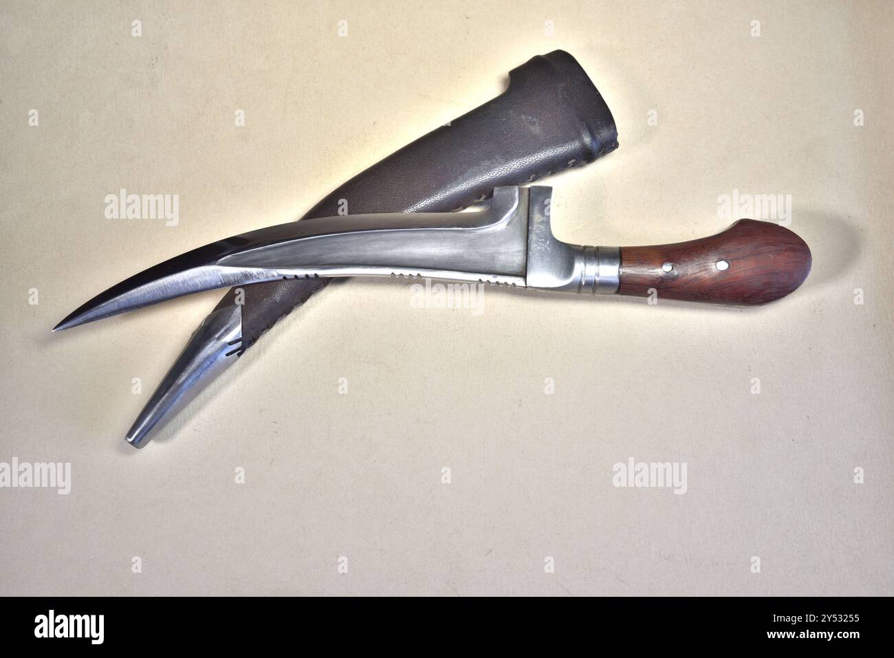 Coltello Sikh kirpan seduto accanto allo scabbard in cui si inserirebbe Foto Stock