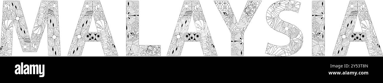 Parola vettoriale Malaysia per colorare. Design artistico dipinto a mano. Illustrazione per il design di t-shirt, tatuaggi e altre decorazioni Illustrazione Vettoriale