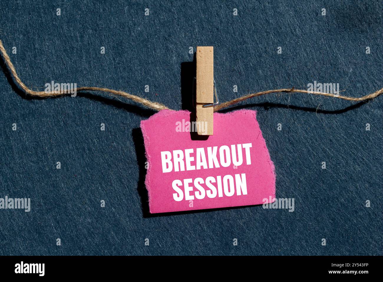 Messaggio della sessione di breakout scritto su un pezzo di carta rosa strappato con sfondo grigio. Simbolo della sessione di breakout concettuale. Copia spazio. Foto Stock