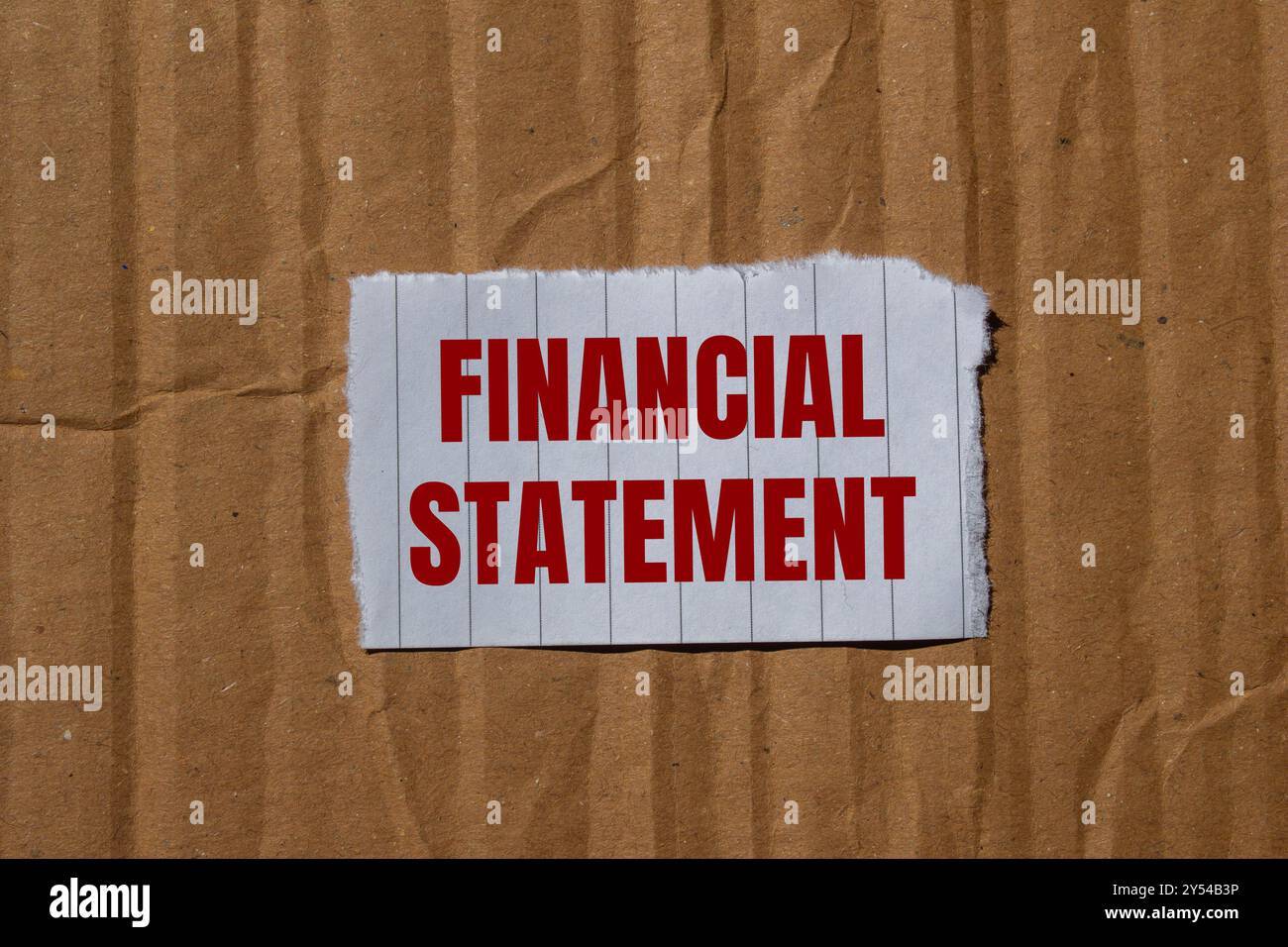 Messaggio del rendiconto finanziario scritto su carta strappata con sfondo in cartone. Simbolo del bilancio concettuale. Copia spazio. Foto Stock