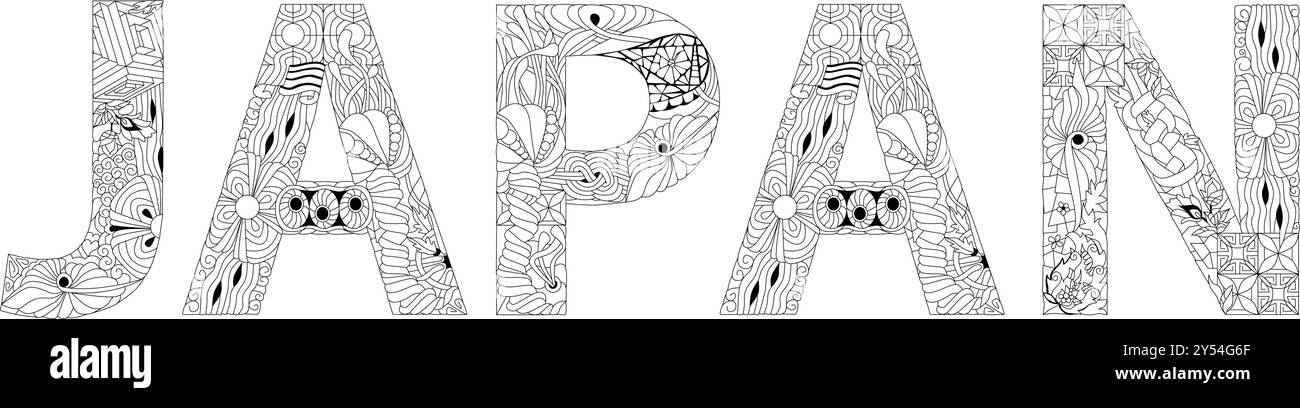 Parola vettoriale Giappone per la colorazione. Design artistico dipinto a mano. Illustrazione per il design di t-shirt, tatuaggi e altre decorazioni Illustrazione Vettoriale