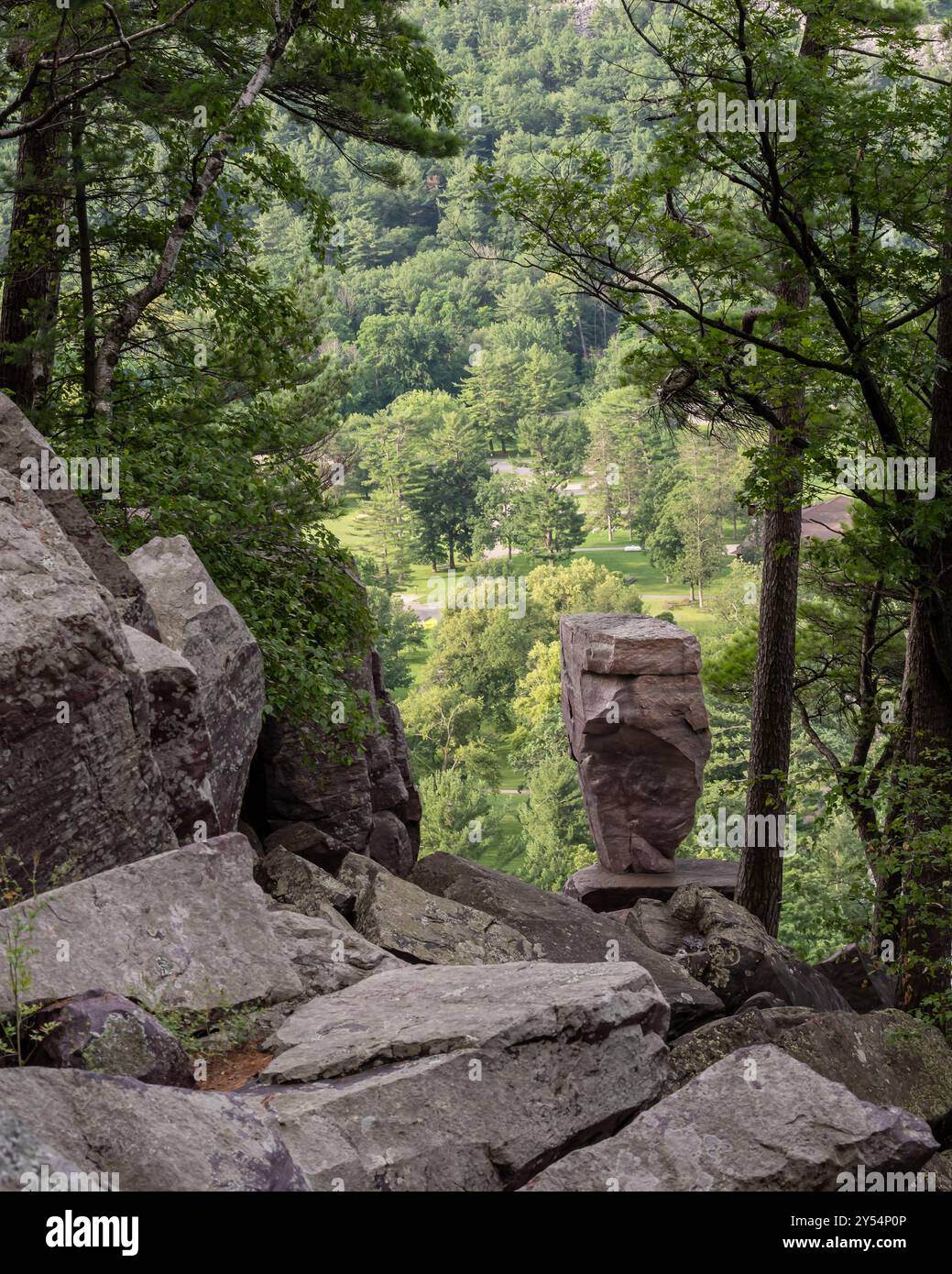 Balance Rock, sul Balanced Rock Trail, nel devil's Lake State Park, vicino a Baraboo, Wisconsin. Foto Stock