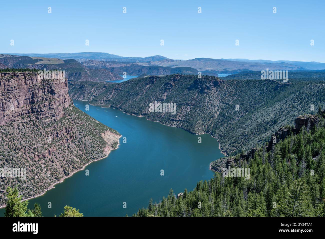 Crociera in motoscafo sul Green River, nella Flaming Gorge National Recreation area, nella Ashley National Forest, vicino a Dutch John, Utah. Foto Stock