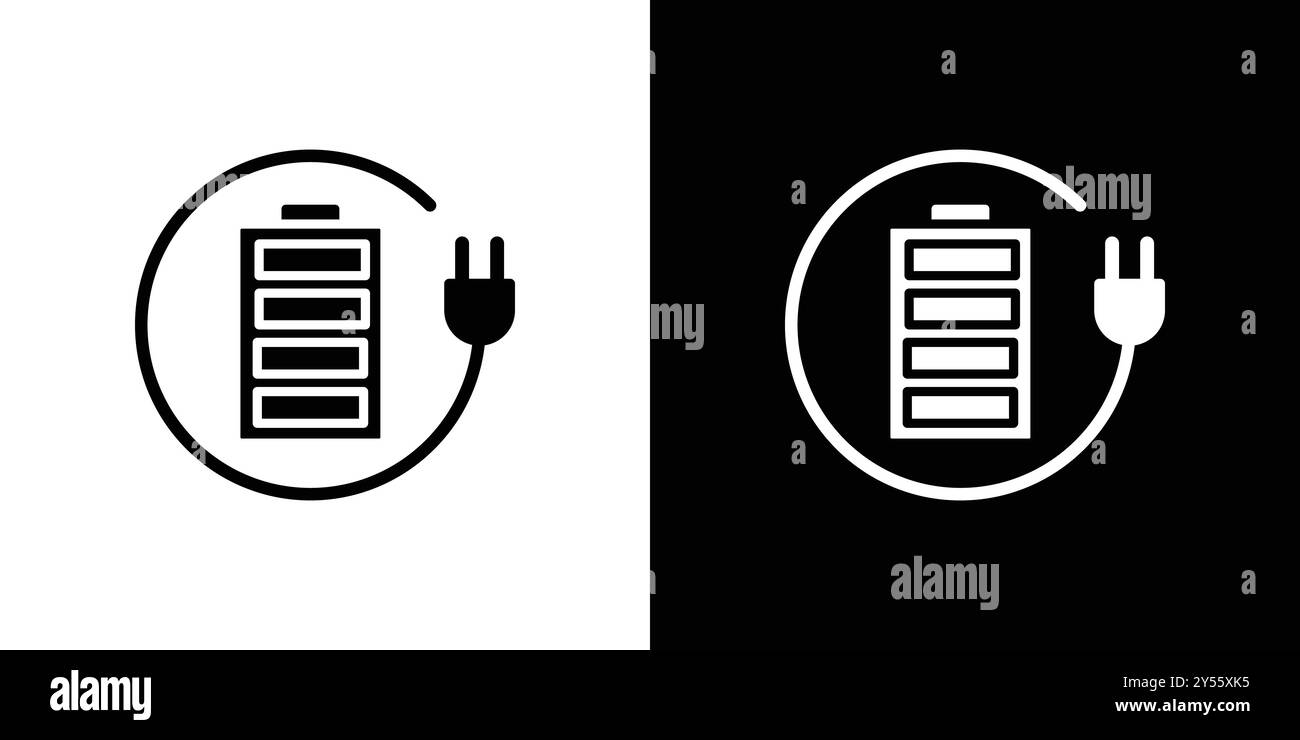 Icona della batteria in carica, logo lineare, set di marchi in bianco e nero Illustrazione Vettoriale