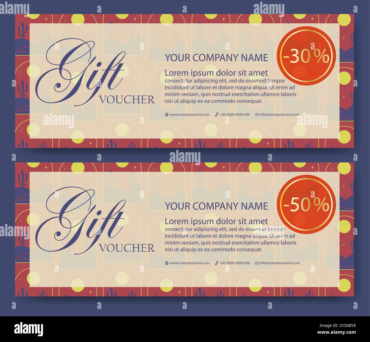 Modello di voucher regalo dal design colorato. Set di eleganti voucher con motivi naturali Illustrazione Vettoriale