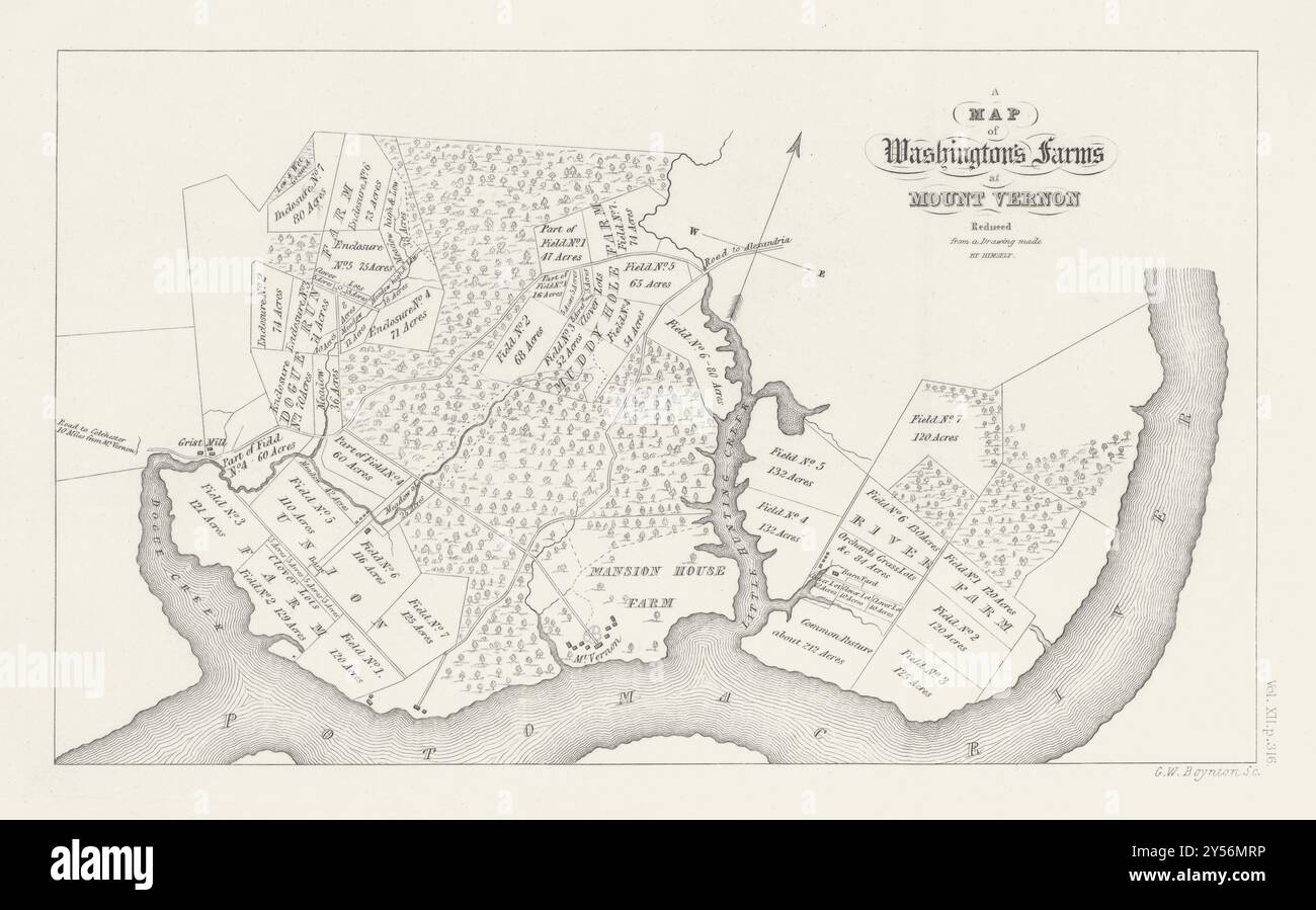 Washington's Farms a Mount Vernon, da una mappa di George Washington del 1843 Foto Stock