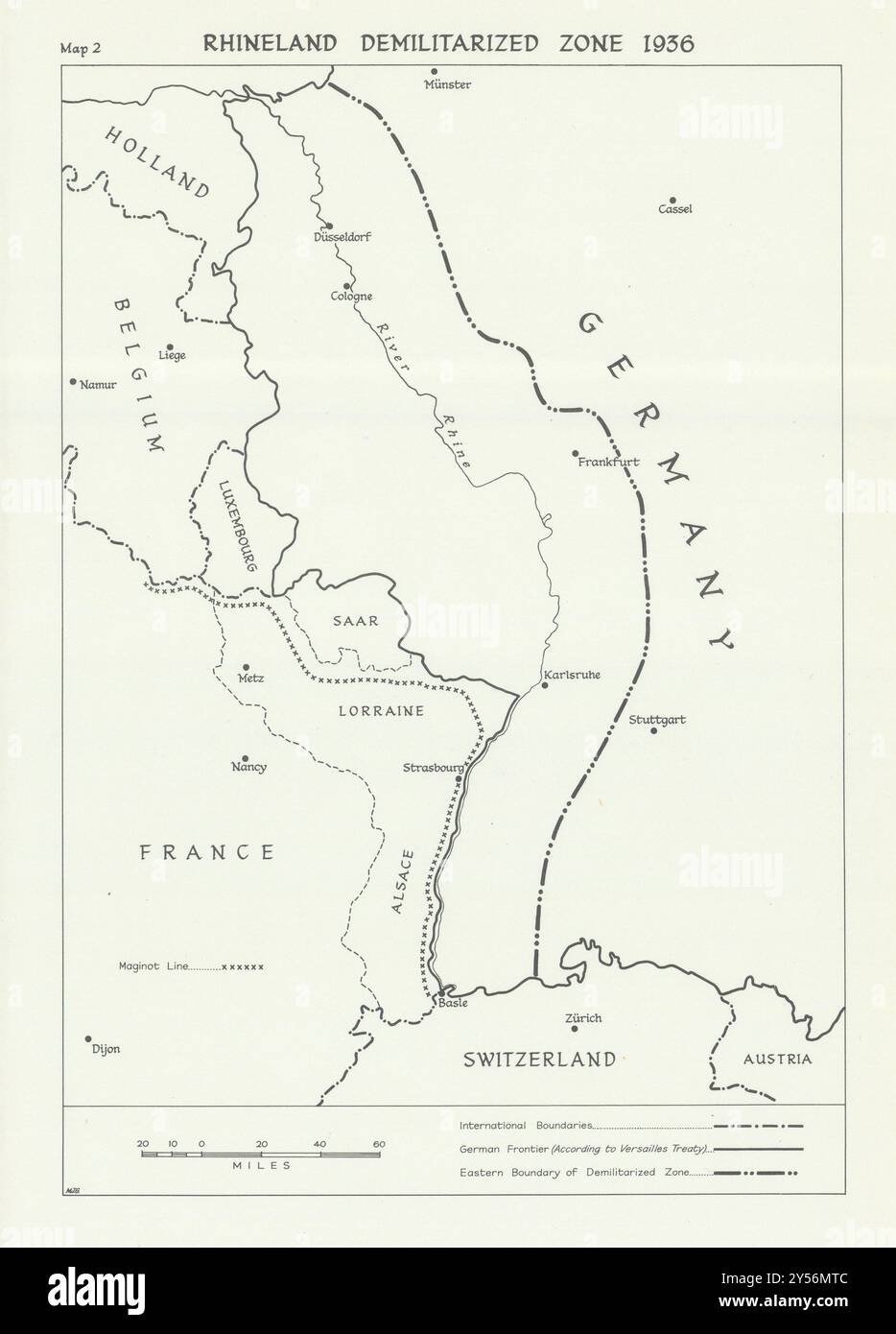 Rhineland zona demilitarizzata 1936. Germania nazista. Maginot Line 1976 vecchia mappa Foto Stock