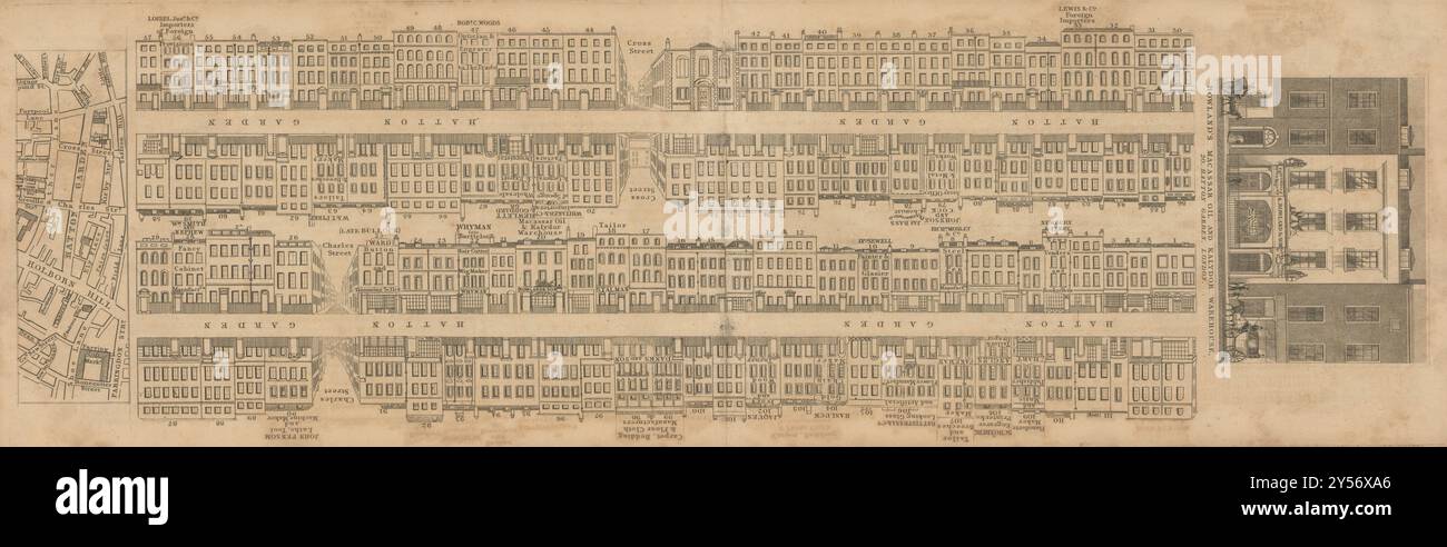 Tallis London Street View #33 Hatton Garden 1838 vecchia mappa antica Foto Stock