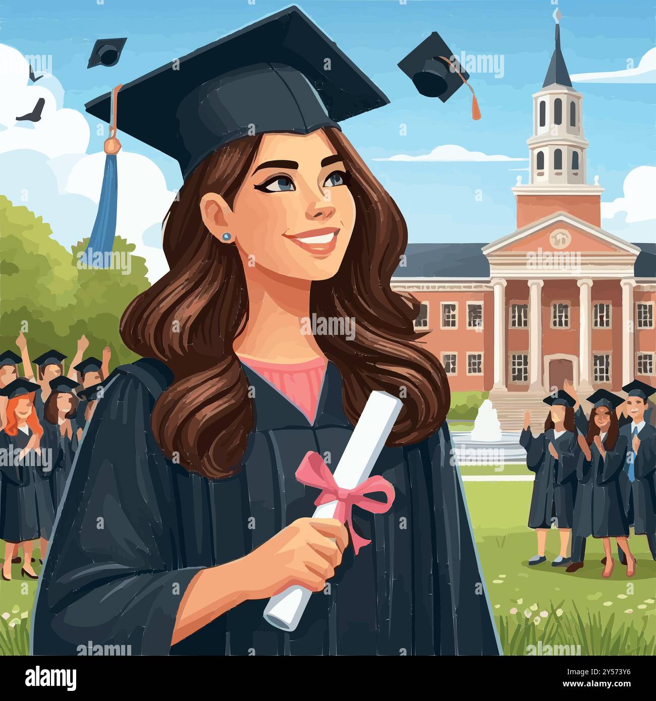 Una orgogliosa laureata in abito e cappello tiene il diploma, sorridendo verso il futuro, celebrando la fine del duro lavoro e l'inizio di un nuovo viaggio. Illustrazione Vettoriale