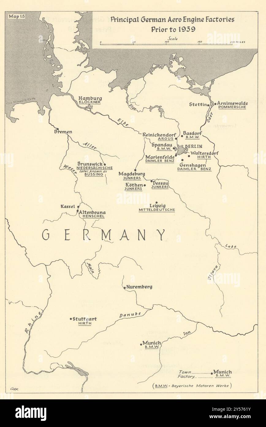 Principali fabbriche tedesche di motori aeronautici prima del 1939. Seconda Guerra Mondiale 1961 vecchia mappa Foto Stock