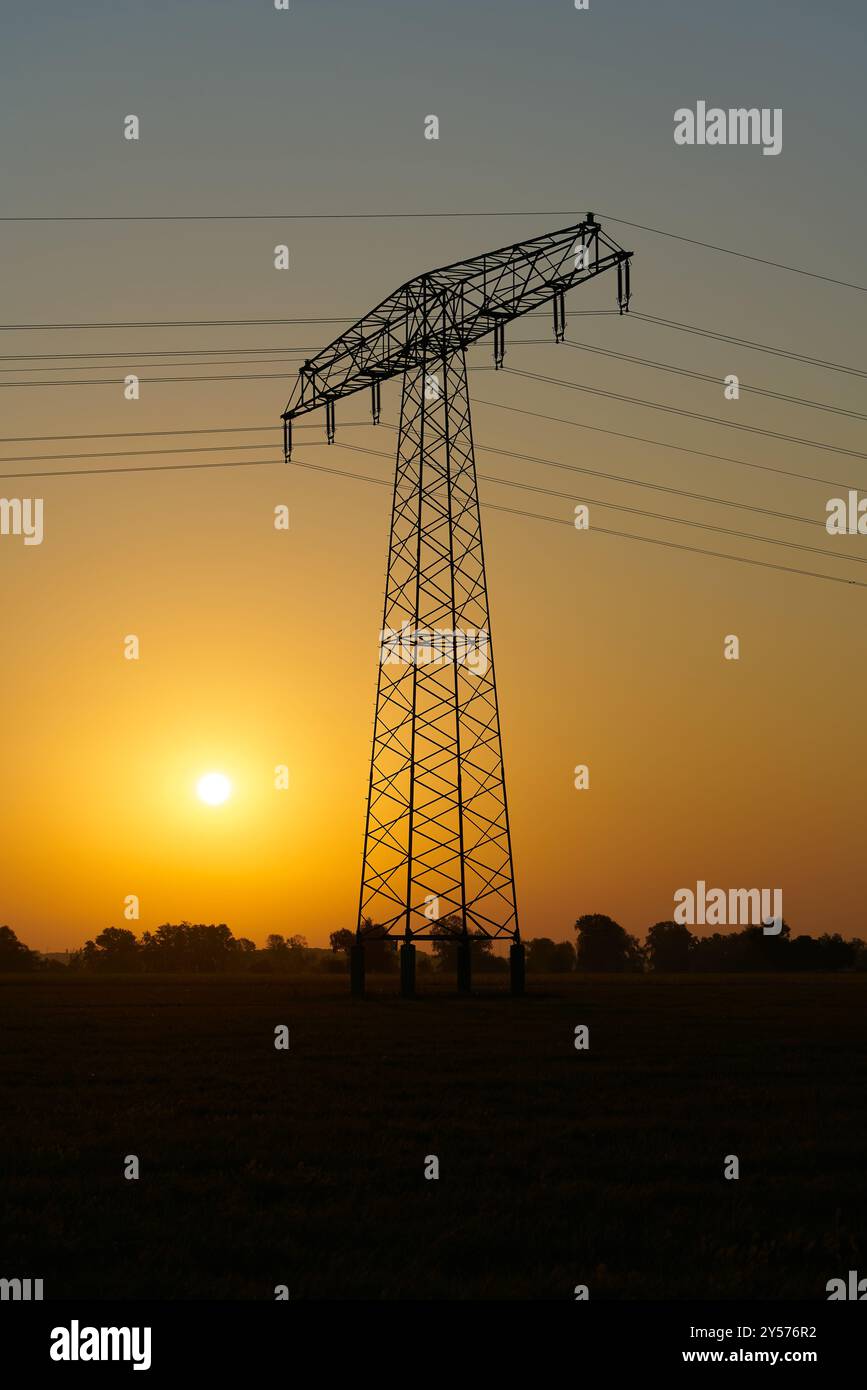 Alba suggestiva su un campo con un'asta di alimentazione la mattina presto in Germania Foto Stock