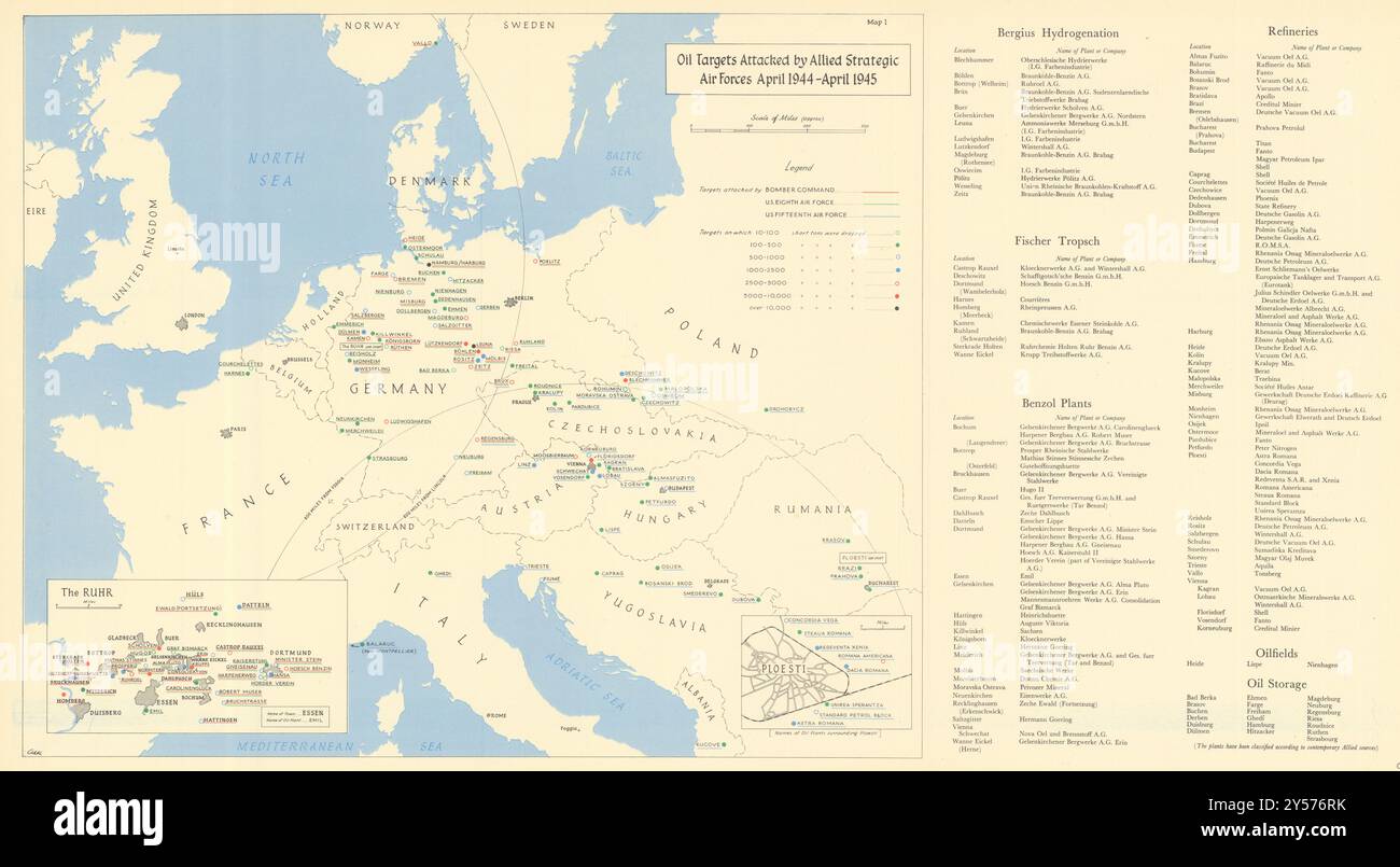 Obiettivi petroliferi attaccati dalle forze aeree alleate, 1944 aprile-aprile 1945 mappa WW2 1961 Foto Stock